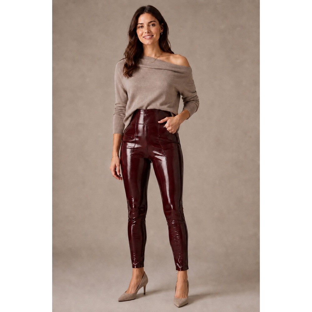 SPANX Faux Patent Leather Leggings MP Petite Burgundy Ruby Liquid Gloss